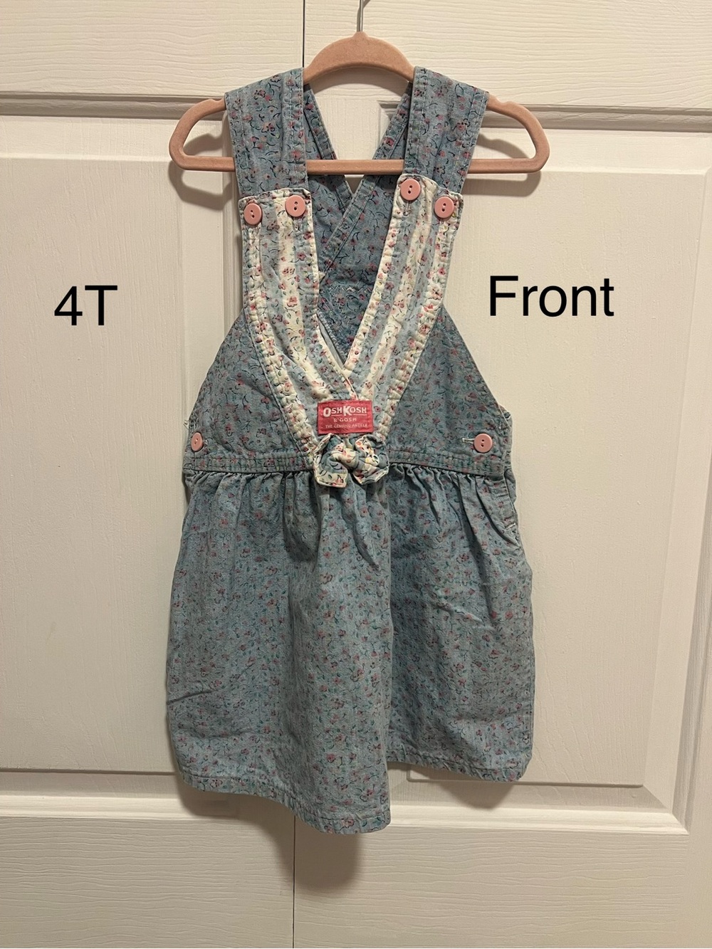 OshKosh B'gosh Light Blue Floral Overall Dress with Pink Buttons